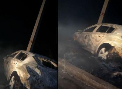 Carro pega fogo e fica totalmente destru